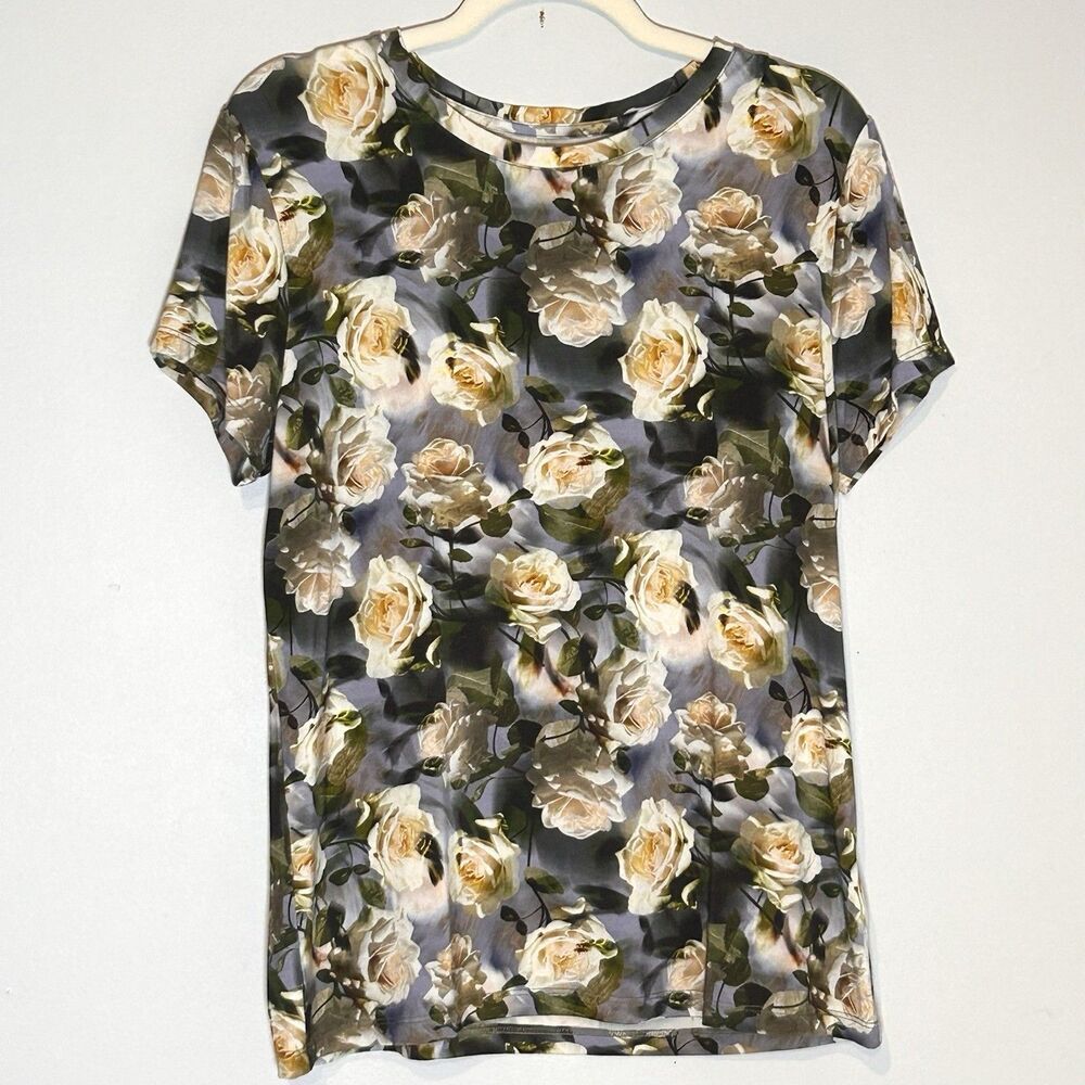 L'AGENCE Short Sleeve Floral Tee — Cream Roses on Gray